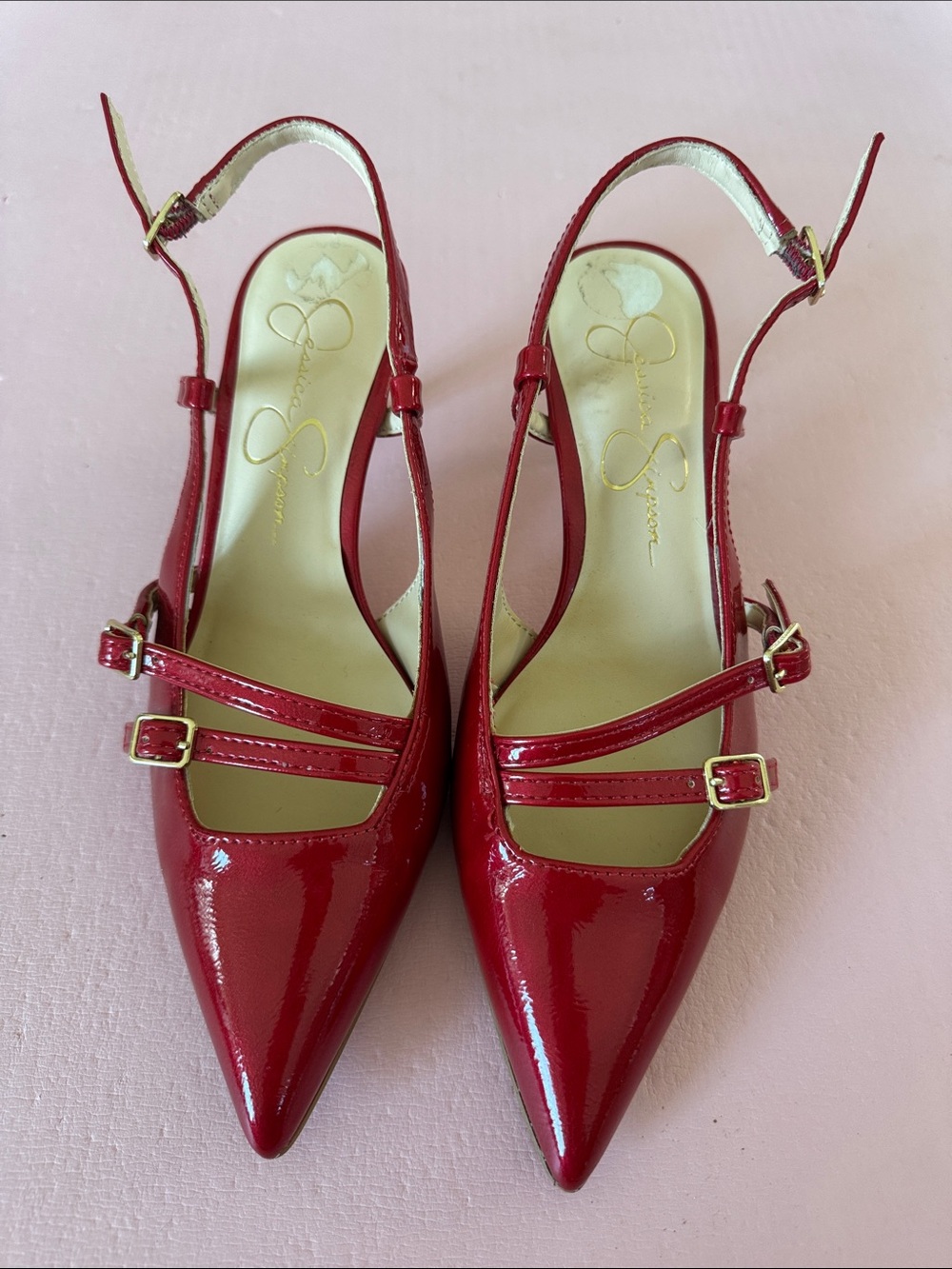 Jessica Simpson Red Patent Pointed Slingback Pumps with Double Straps